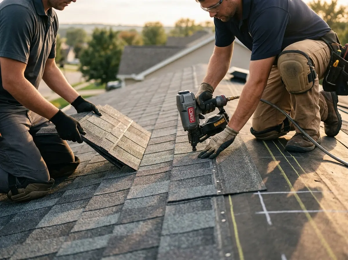 Professional roofer working on a residential roof in Seven Corners